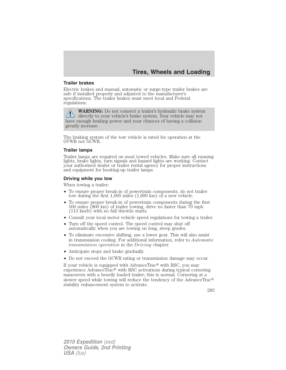 Trailer brakes, Trailer lamps, Driving while you tow | Tires, wheels and loading | FORD 2010 Expedition v.2 User Manual | Page 283 / 424