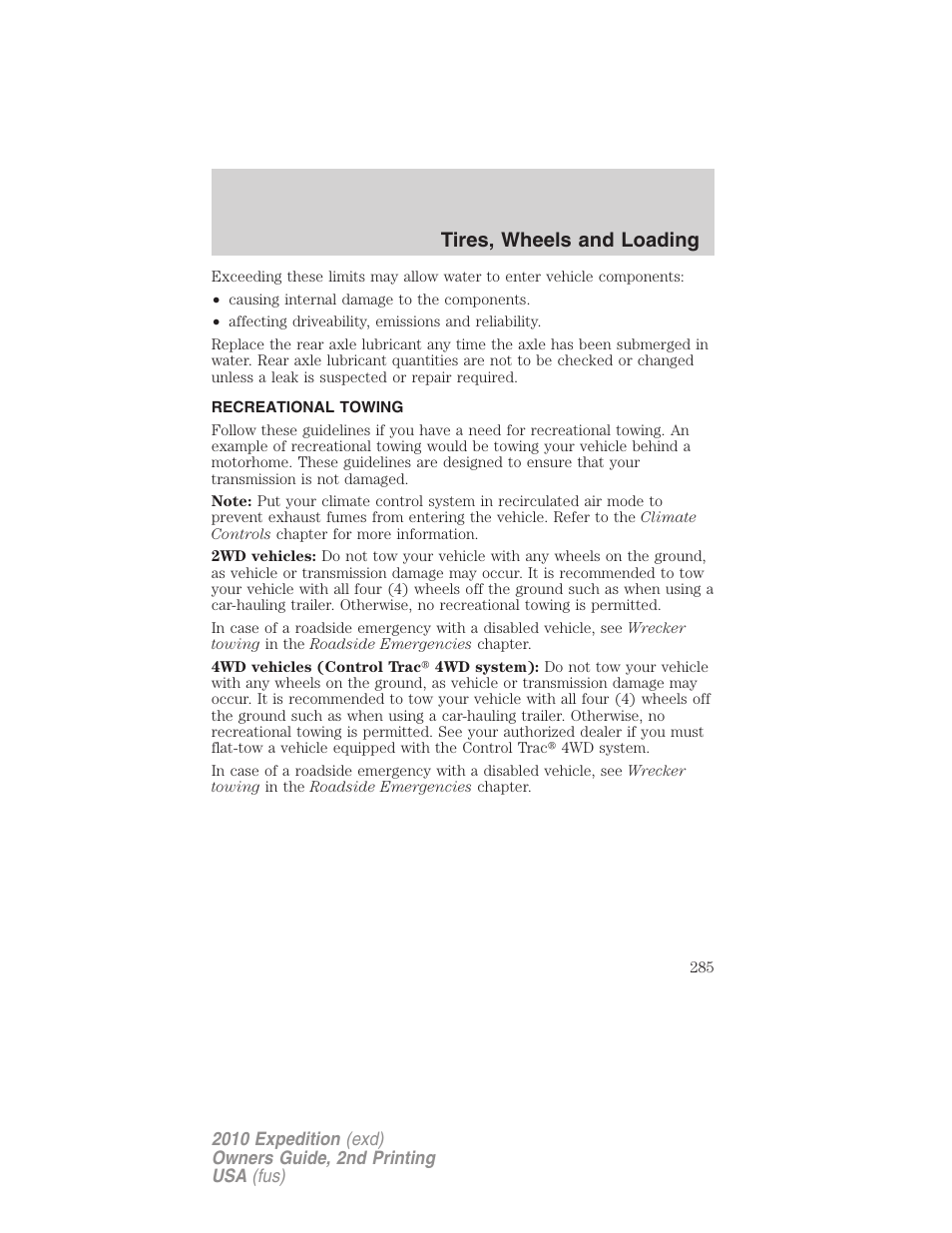 Recreational towing, Tires, wheels and loading | FORD 2010 Expedition v.2 User Manual | Page 285 / 424