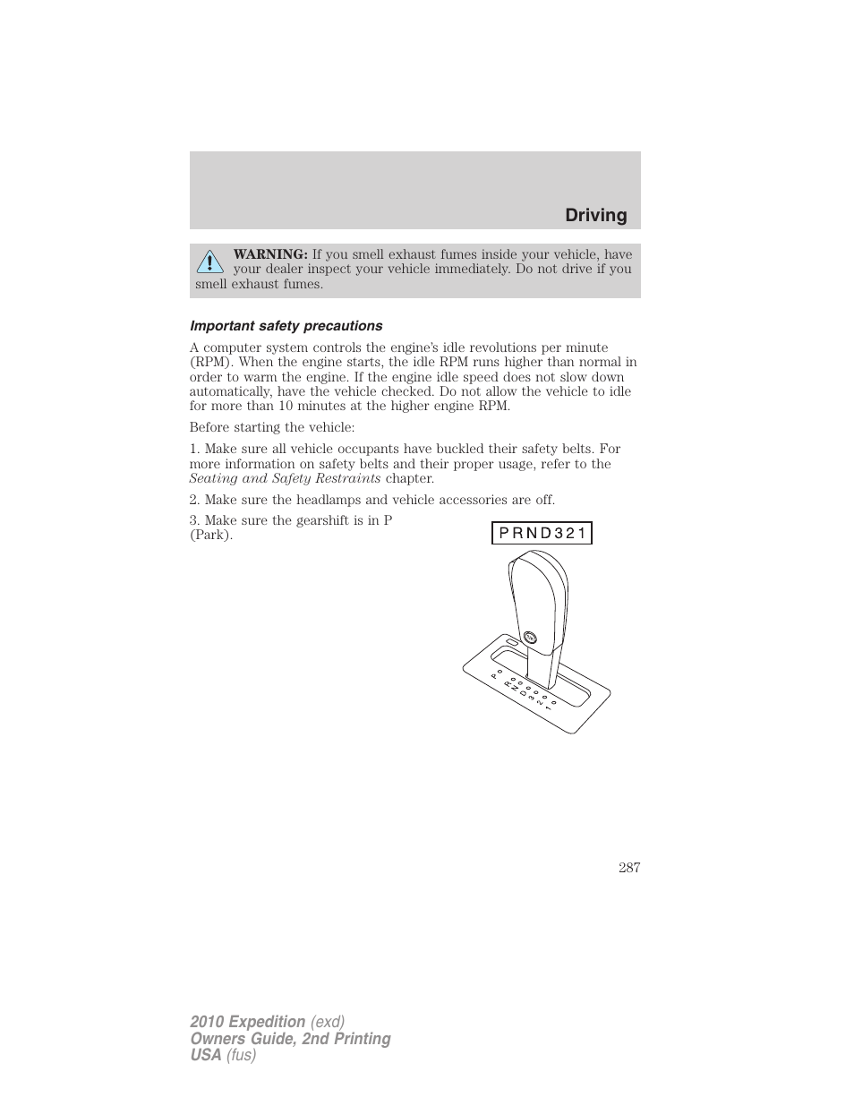 Important safety precautions, Driving | FORD 2010 Expedition v.2 User Manual | Page 287 / 424