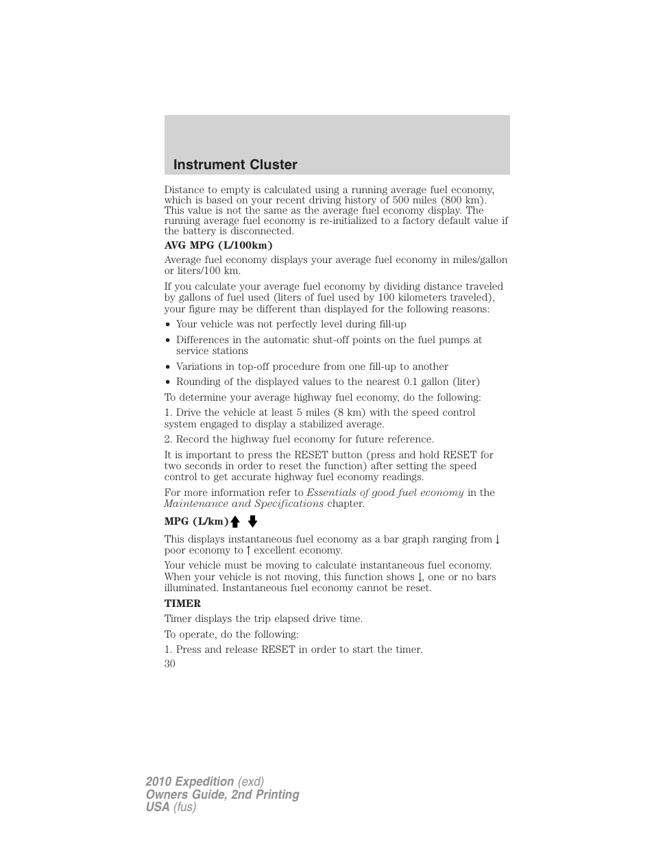 Instrument cluster | FORD 2010 Expedition v.2 User Manual | Page 30 / 424
