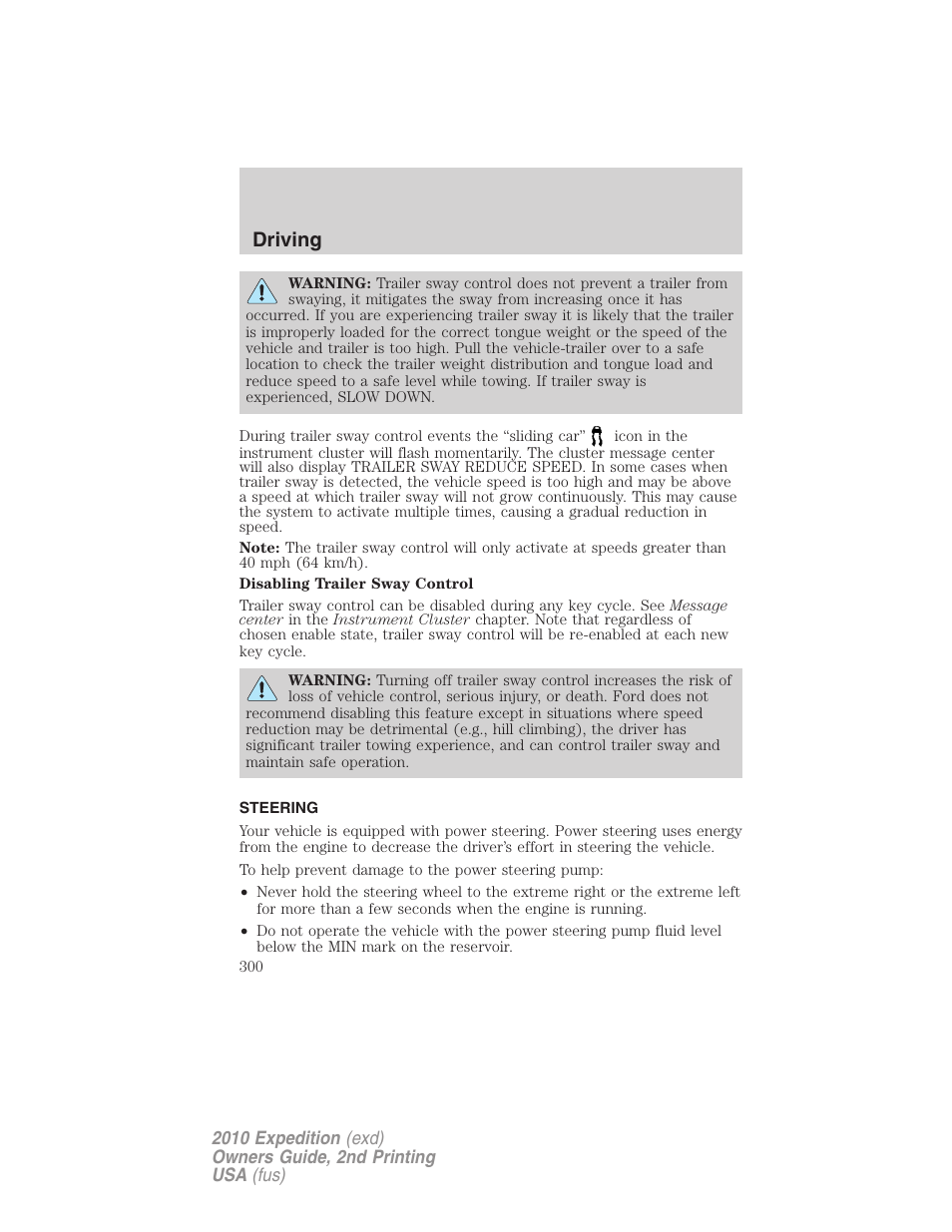 Steering, Driving | FORD 2010 Expedition v.2 User Manual | Page 300 / 424