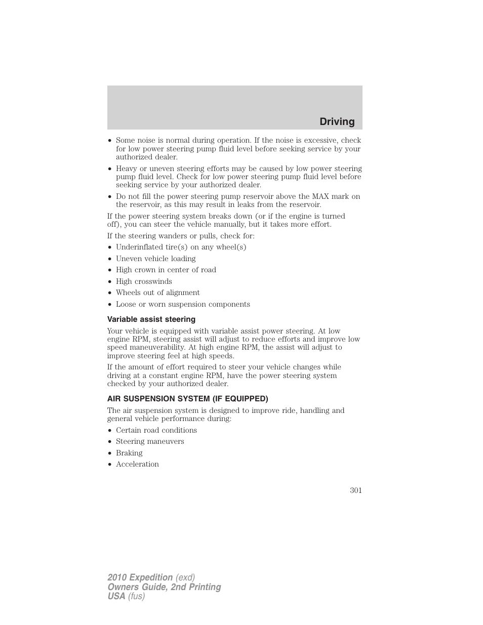 Variable assist steering, Air suspension system (if equipped), Air suspension | Driving | FORD 2010 Expedition v.2 User Manual | Page 301 / 424