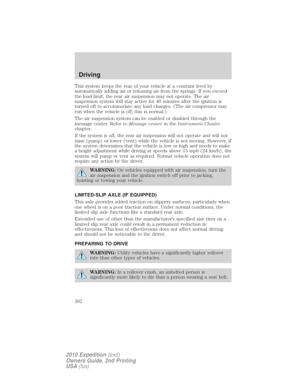 Limited-slip axle (if equipped), Preparing to drive, Driving | FORD 2010 Expedition v.2 User Manual | Page 302 / 424