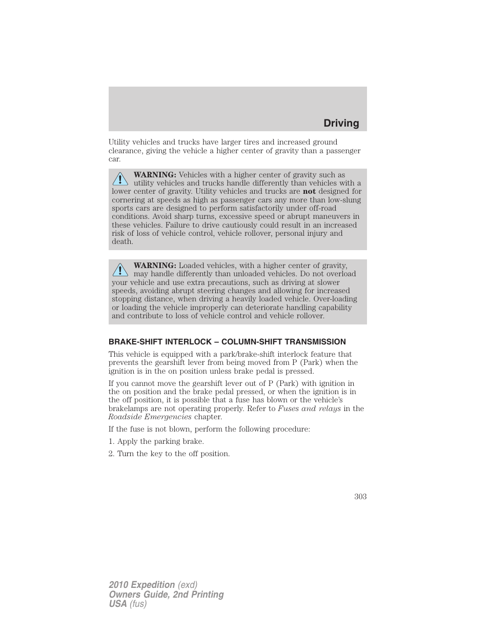 Brake-shift interlock – column-shift transmission, Driving | FORD 2010 Expedition v.2 User Manual | Page 303 / 424