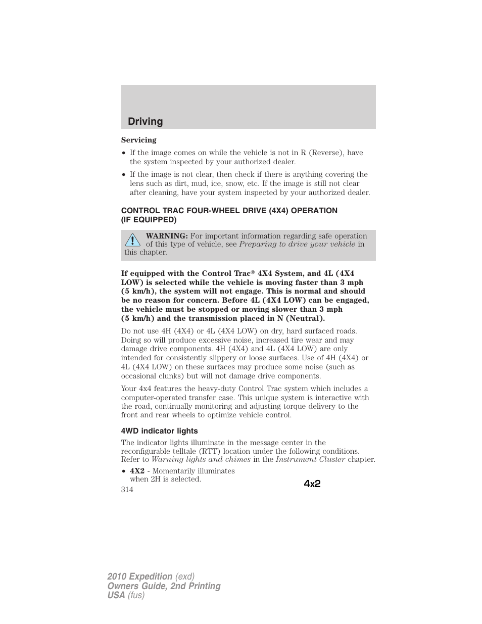 4wd indicator lights, Driving | FORD 2010 Expedition v.2 User Manual | Page 314 / 424