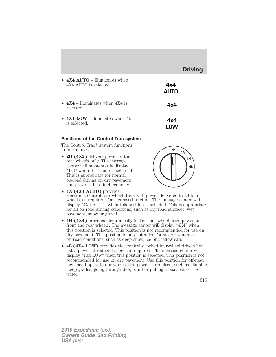Positions of the control trac system, Driving | FORD 2010 Expedition v.2 User Manual | Page 315 / 424