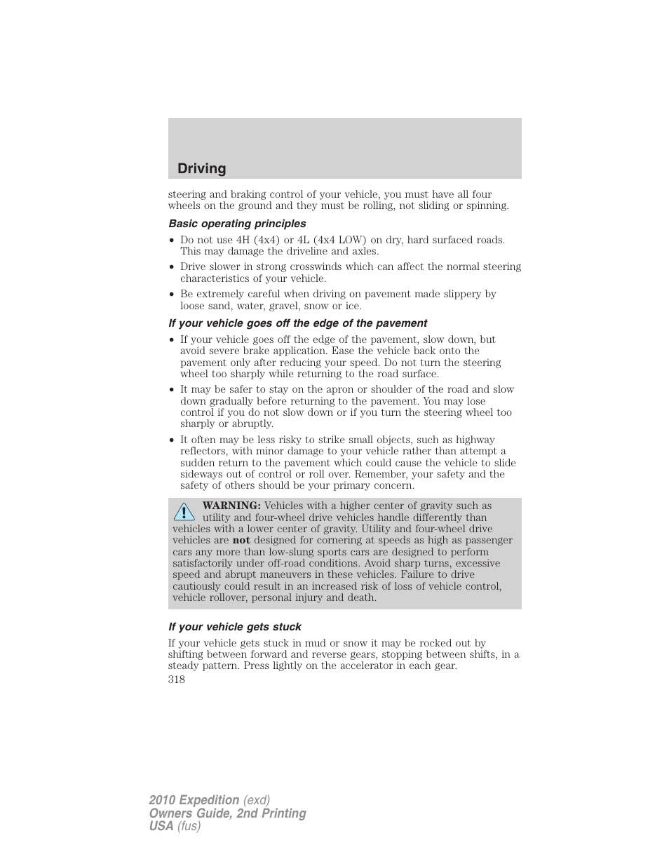 Basic operating principles, If your vehicle goes off the edge of the pavement, If your vehicle gets stuck | Driving | FORD 2010 Expedition v.2 User Manual | Page 318 / 424