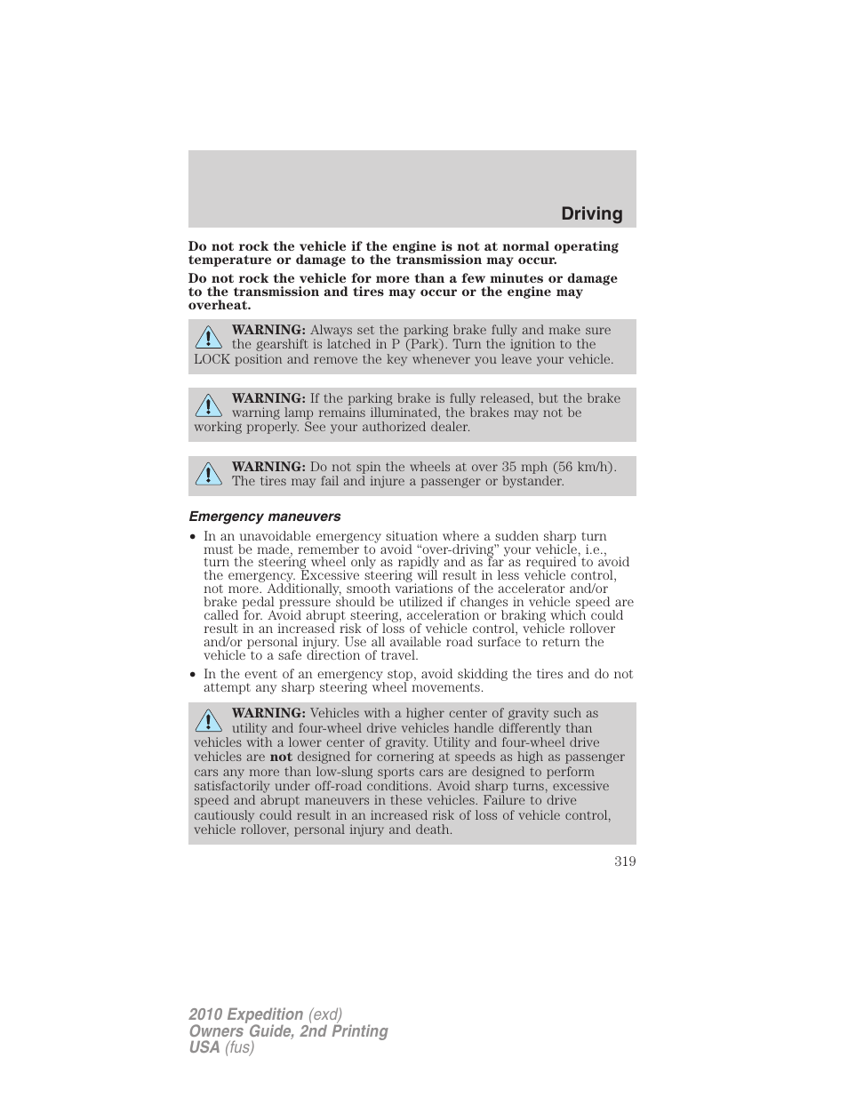 Emergency maneuvers, Driving | FORD 2010 Expedition v.2 User Manual | Page 319 / 424