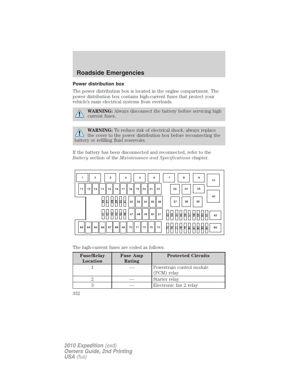 Power distribution box, Roadside emergencies | FORD 2010 Expedition v.2 User Manual | Page 332 / 424
