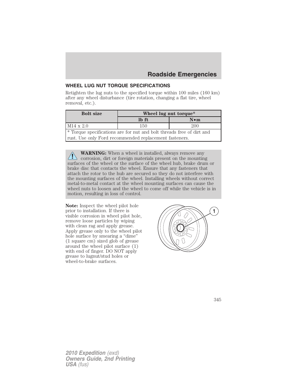 Wheel lug nut torque specifications, Wheel lug nut torque, Roadside emergencies | FORD 2010 Expedition v.2 User Manual | Page 345 / 424