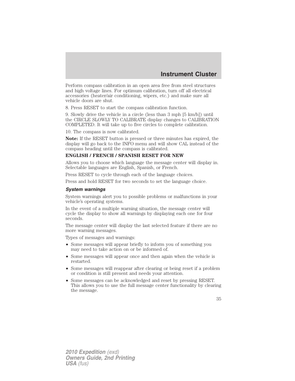 System warnings, Instrument cluster | FORD 2010 Expedition v.2 User Manual | Page 35 / 424