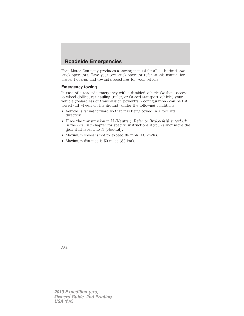 Emergency towing, Roadside emergencies | FORD 2010 Expedition v.2 User Manual | Page 354 / 424