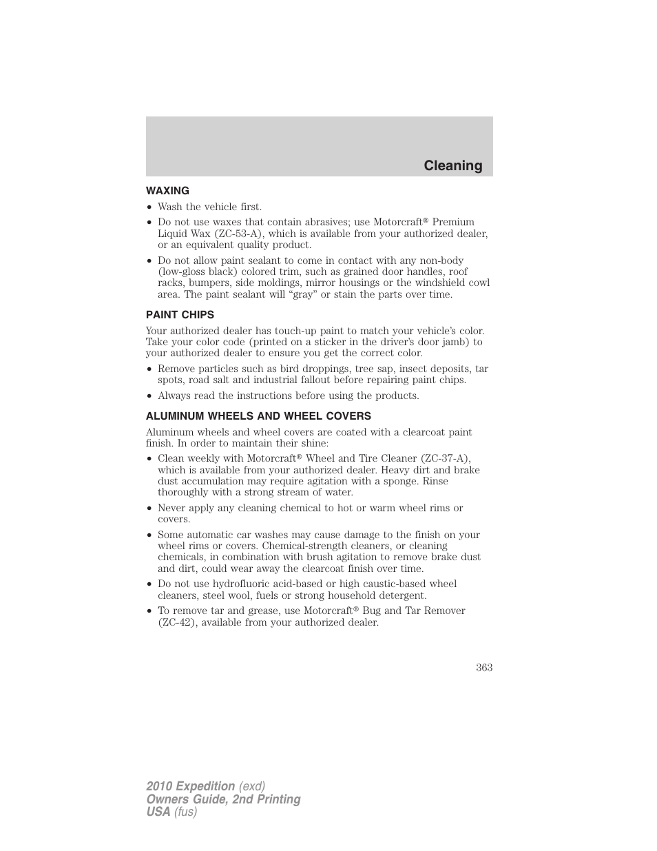 Waxing, Paint chips, Aluminum wheels and wheel covers | Cleaning | FORD 2010 Expedition v.2 User Manual | Page 363 / 424
