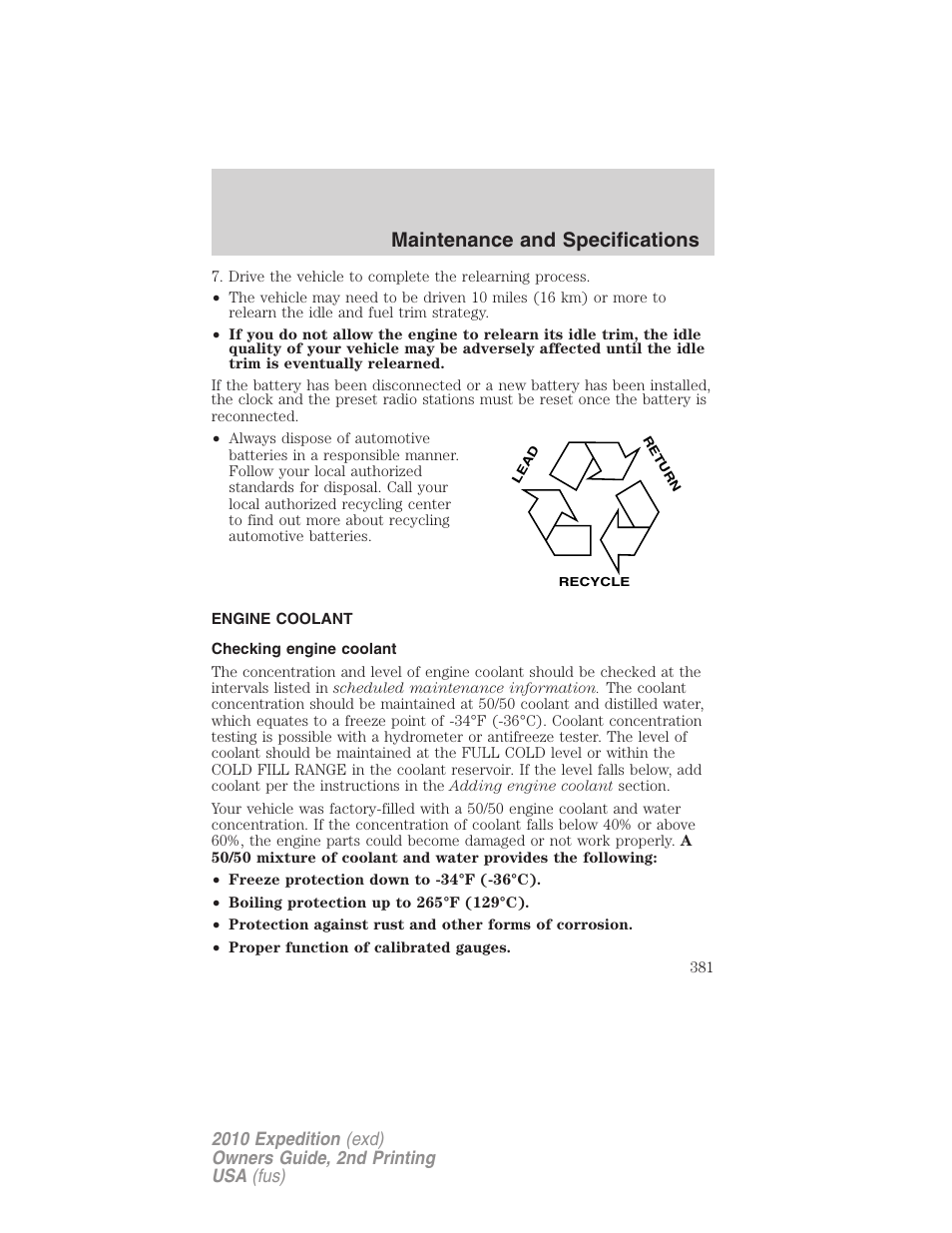 Engine coolant, Checking engine coolant, Maintenance and specifications | FORD 2010 Expedition v.2 User Manual | Page 381 / 424