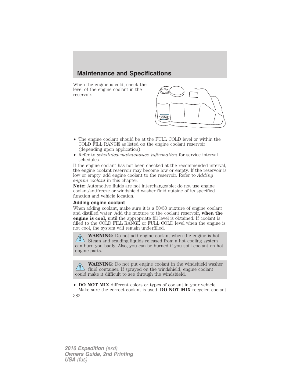 Adding engine coolant, Maintenance and specifications | FORD 2010 Expedition v.2 User Manual | Page 382 / 424