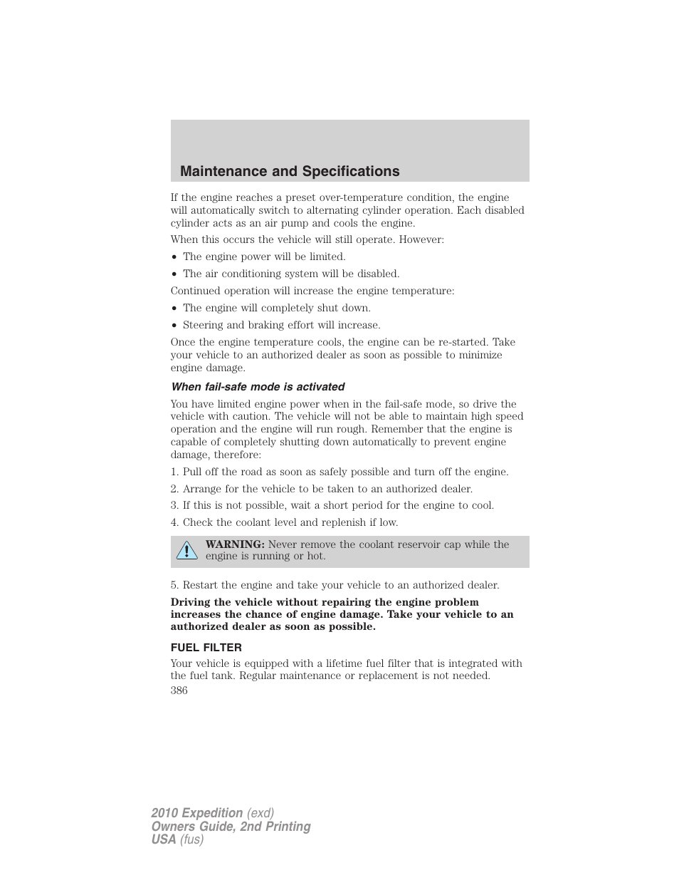 When fail-safe mode is activated, Fuel filter, Maintenance and specifications | FORD 2010 Expedition v.2 User Manual | Page 386 / 424