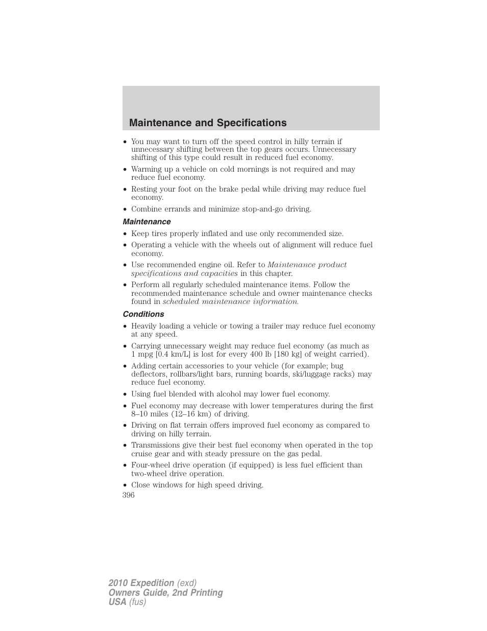 Maintenance, Conditions, Maintenance and specifications | FORD 2010 Expedition v.2 User Manual | Page 396 / 424