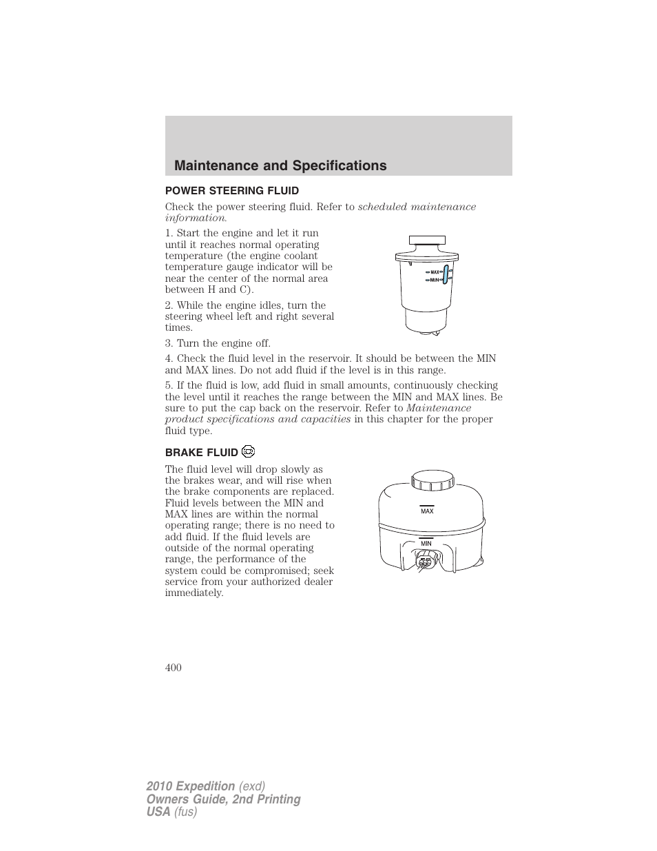 Power steering fluid, Brake fluid, Maintenance and specifications | FORD 2010 Expedition v.2 User Manual | Page 400 / 424