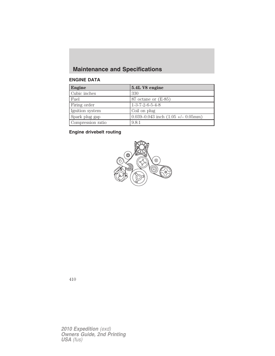 Engine data, Engine drivebelt routing, Maintenance and specifications | FORD 2010 Expedition v.2 User Manual | Page 410 / 424