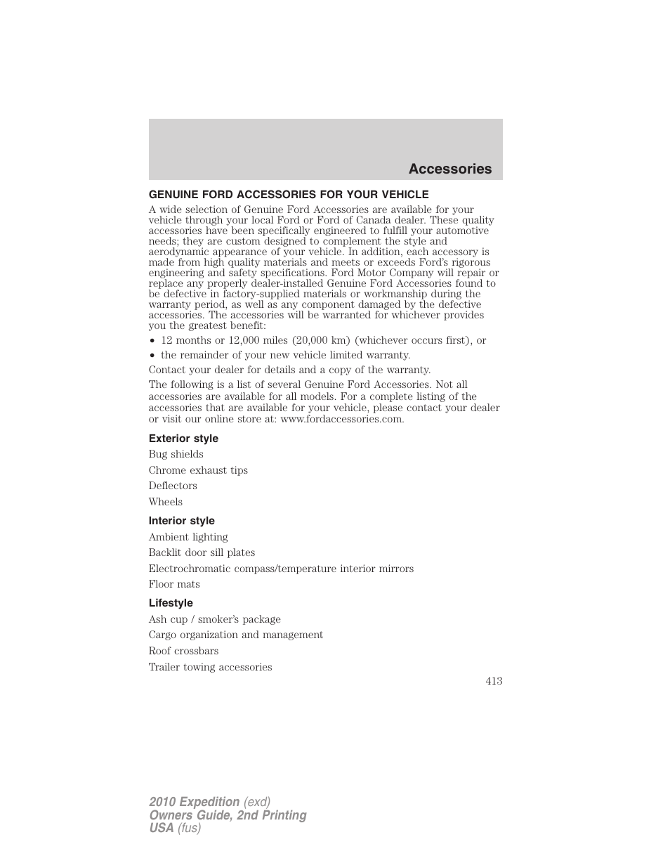 Accessories, Genuine ford accessories for your vehicle, Exterior style | Interior style, Lifestyle | FORD 2010 Expedition v.2 User Manual | Page 413 / 424