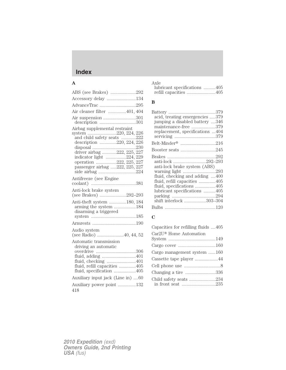 Index | FORD 2010 Expedition v.2 User Manual | Page 418 / 424