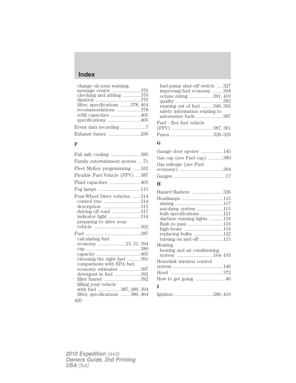 Index | FORD 2010 Expedition v.2 User Manual | Page 420 / 424