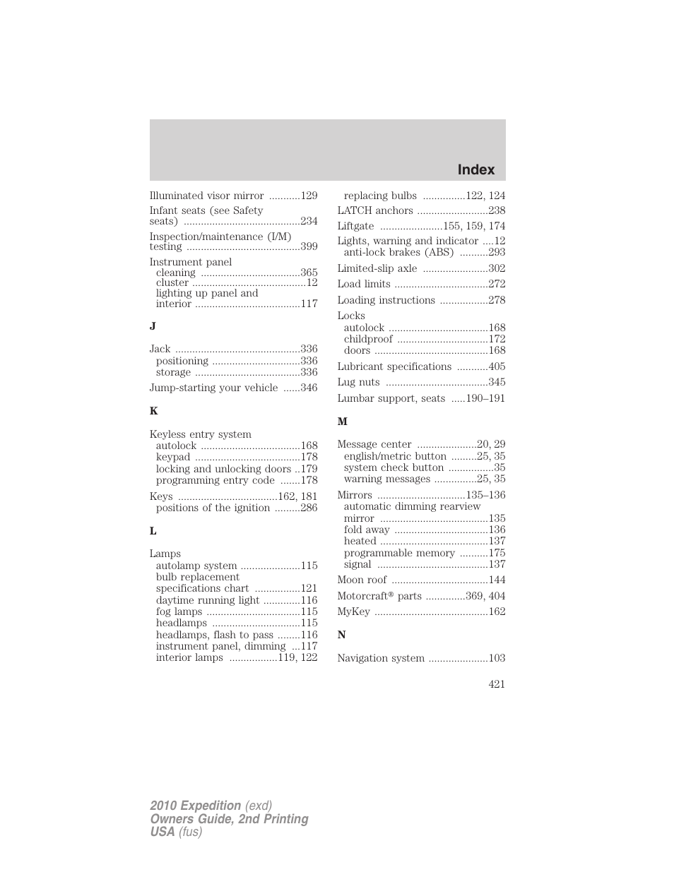 Index | FORD 2010 Expedition v.2 User Manual | Page 421 / 424