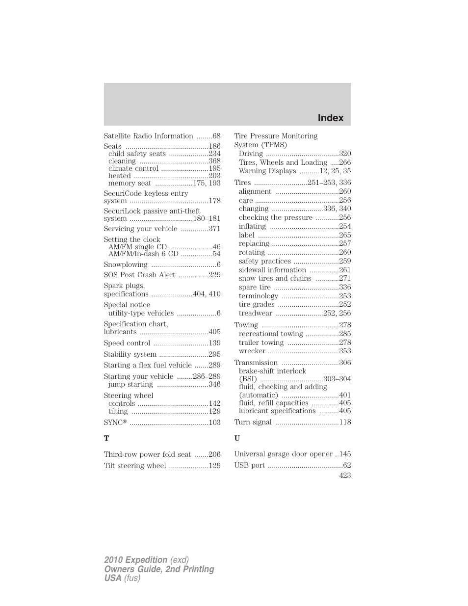 Index | FORD 2010 Expedition v.2 User Manual | Page 423 / 424