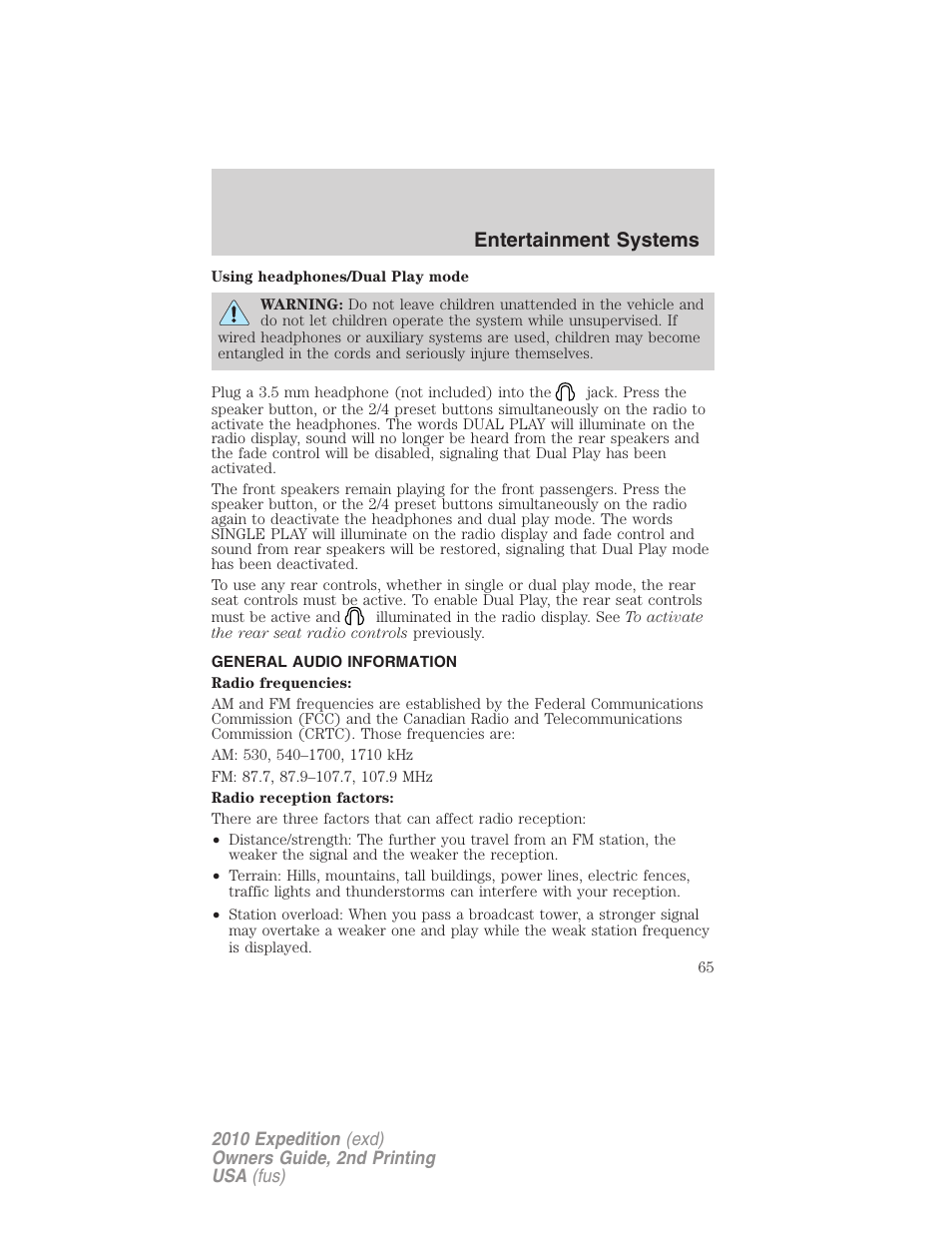 General audio information, Entertainment systems | FORD 2010 Expedition v.2 User Manual | Page 65 / 424