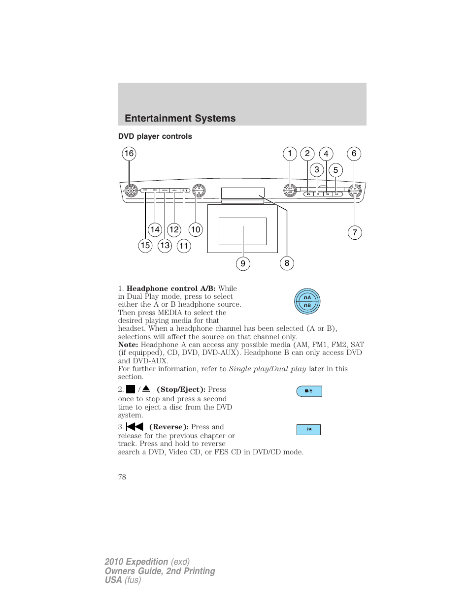 Dvd player controls, Entertainment systems | FORD 2010 Expedition v.2 User Manual | Page 78 / 424