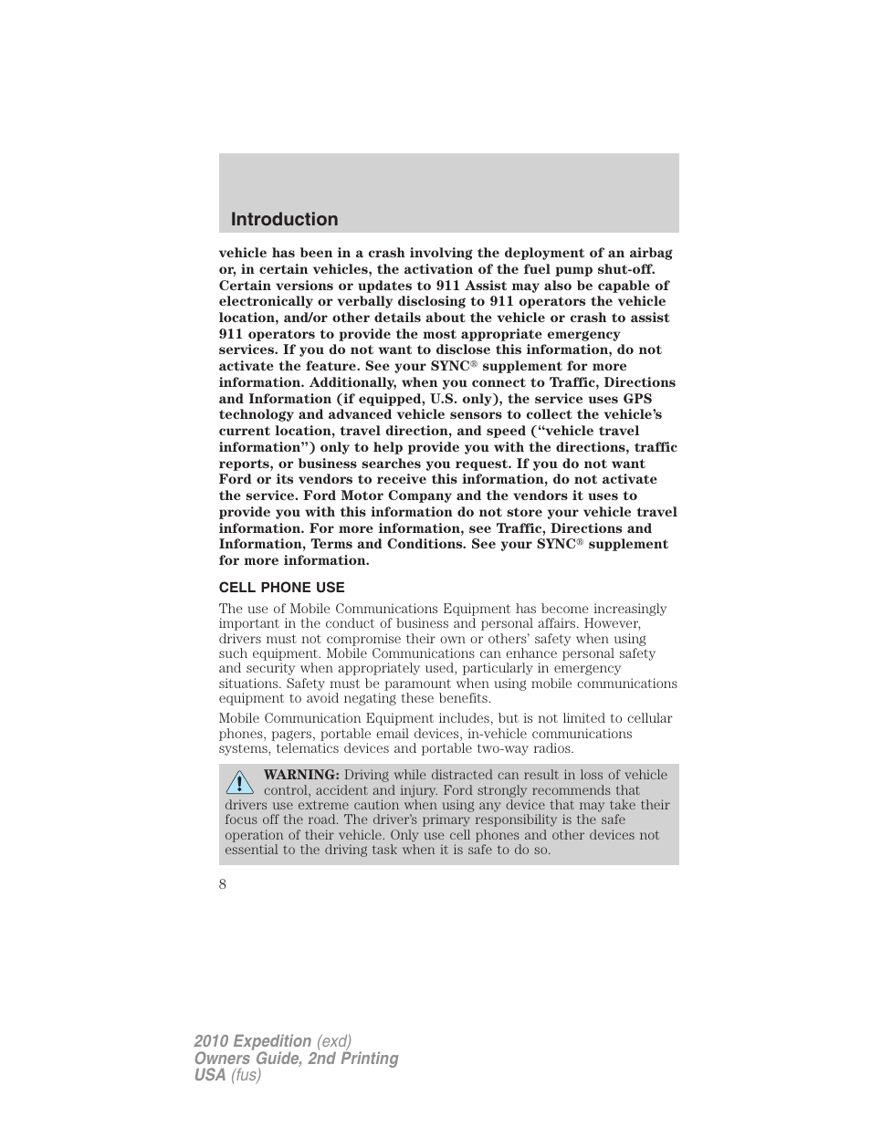Cell phone use, Introduction | FORD 2010 Expedition v.2 User Manual | Page 8 / 424