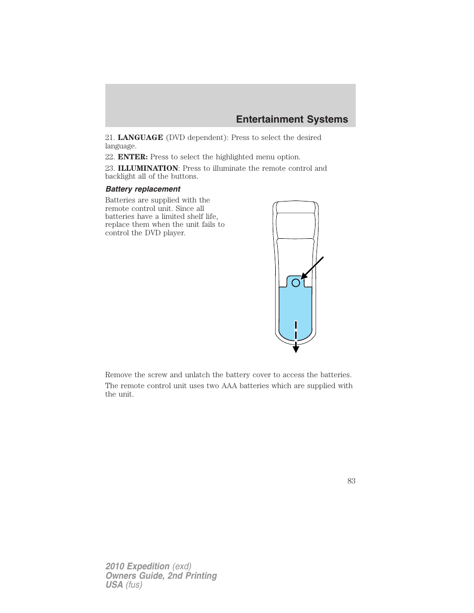Battery replacement, Entertainment systems | FORD 2010 Expedition v.2 User Manual | Page 83 / 424