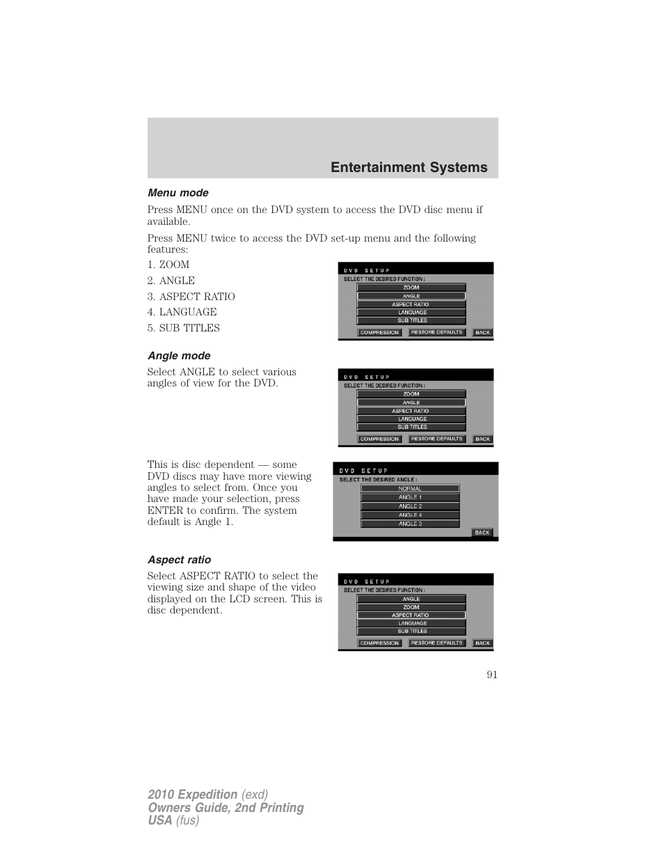 Menu mode, Angle mode, Aspect ratio | Entertainment systems | FORD 2010 Expedition v.2 User Manual | Page 91 / 424