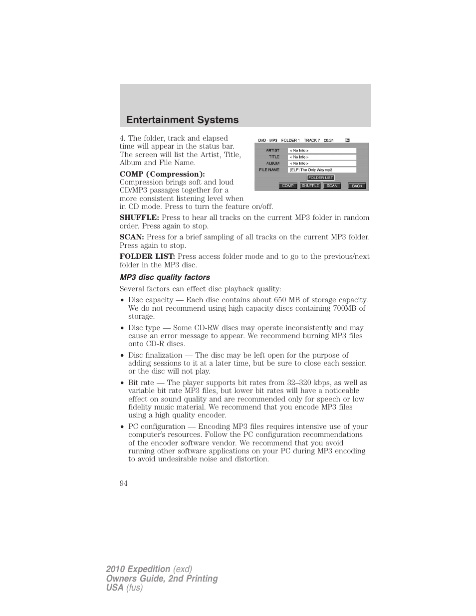 Mp3 disc quality factors, Entertainment systems | FORD 2010 Expedition v.2 User Manual | Page 94 / 424