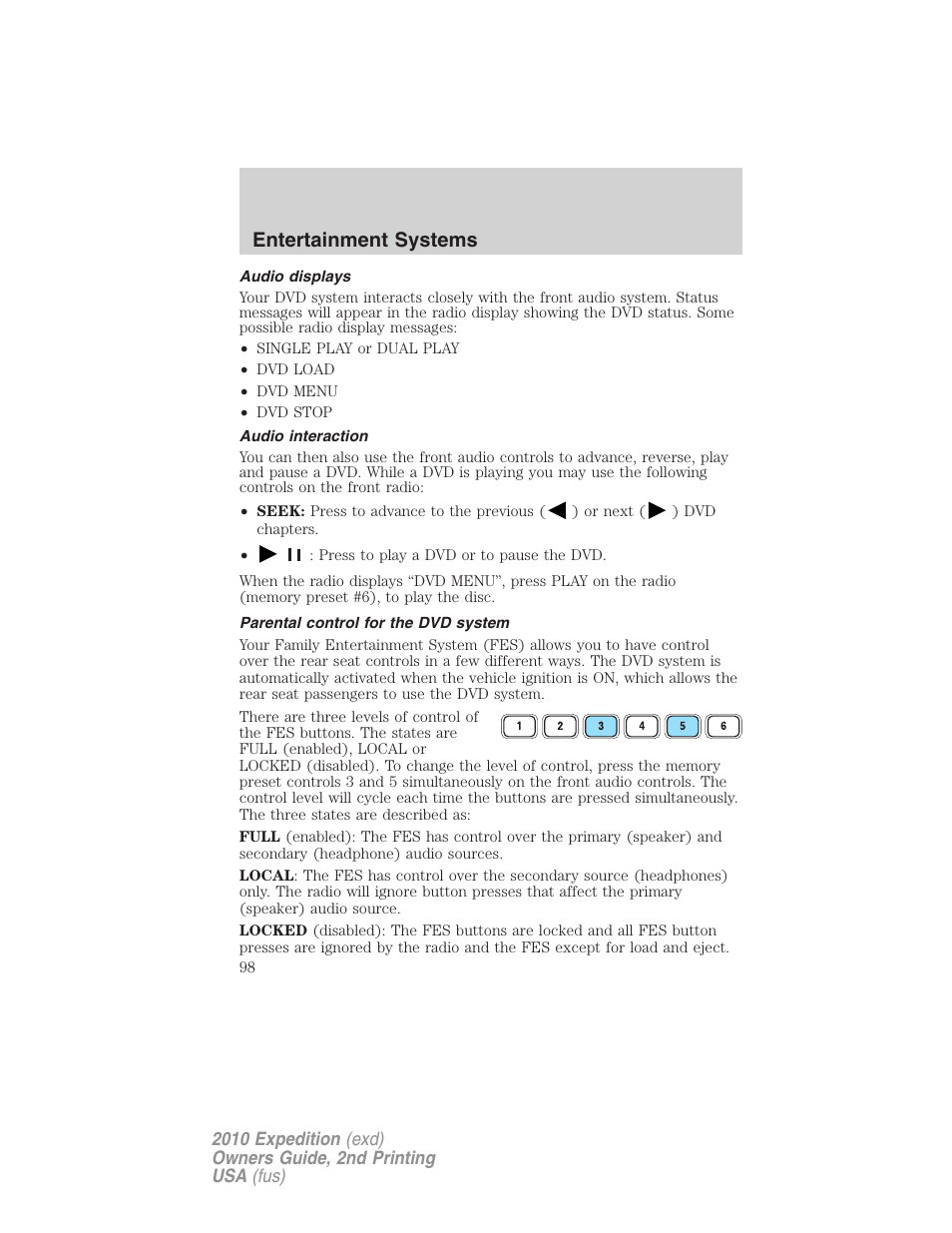 Audio displays, Audio interaction, Parental control for the dvd system | Entertainment systems | FORD 2010 Expedition v.2 User Manual | Page 98 / 424