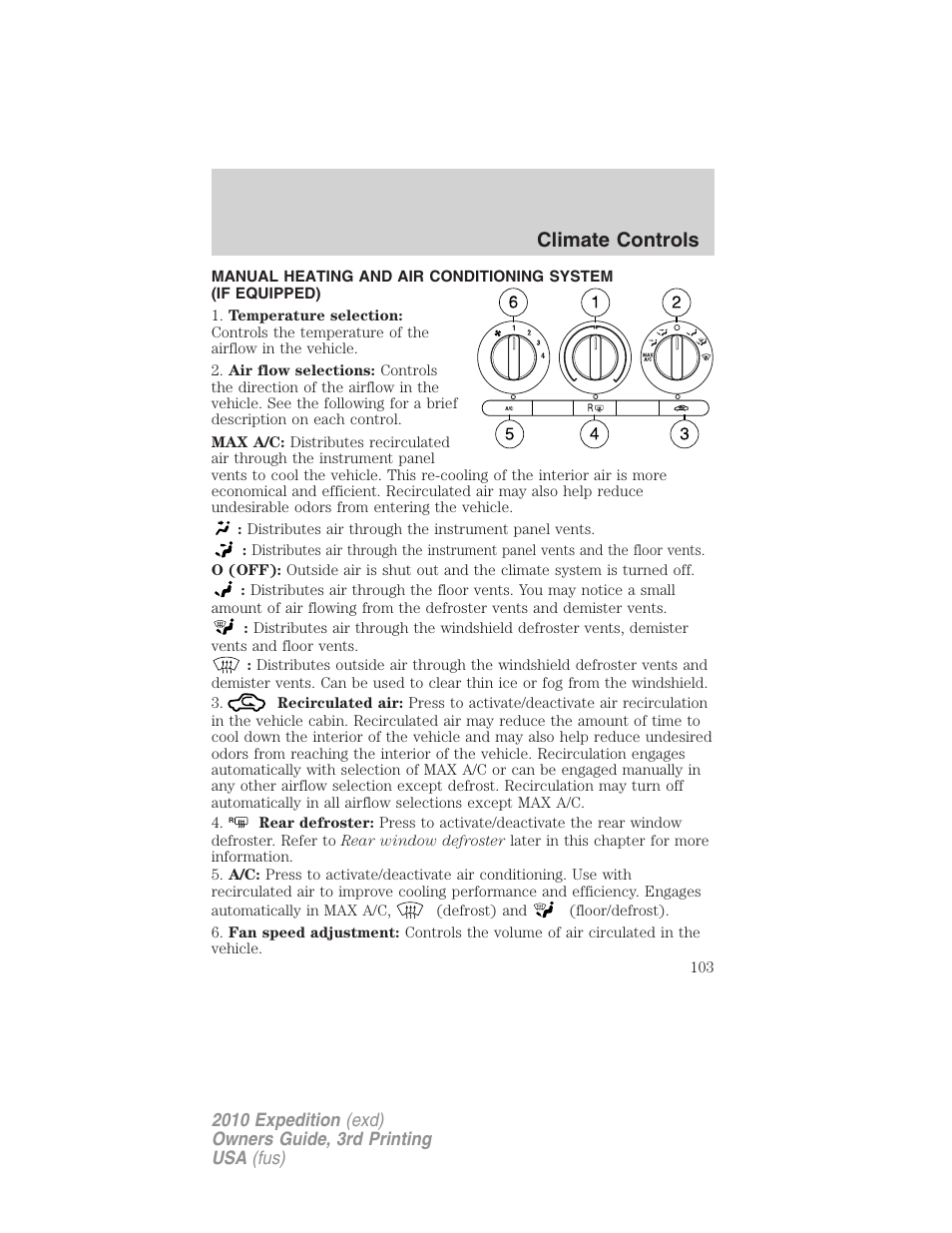 Climate controls, Manual heating and air conditioning | FORD 2010 Expedition v.3 User Manual | Page 103 / 422