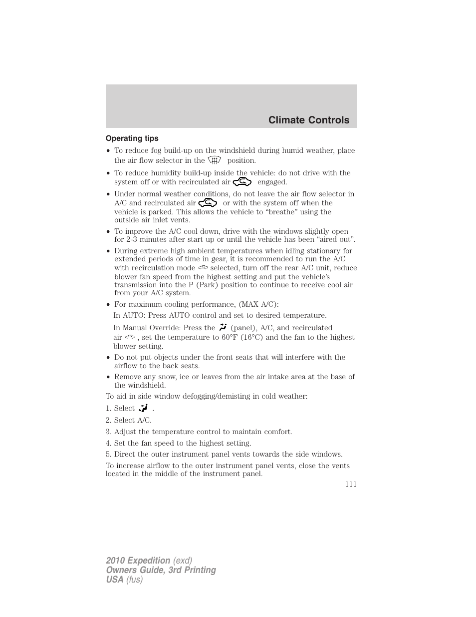 Operating tips, Climate controls | FORD 2010 Expedition v.3 User Manual | Page 111 / 422