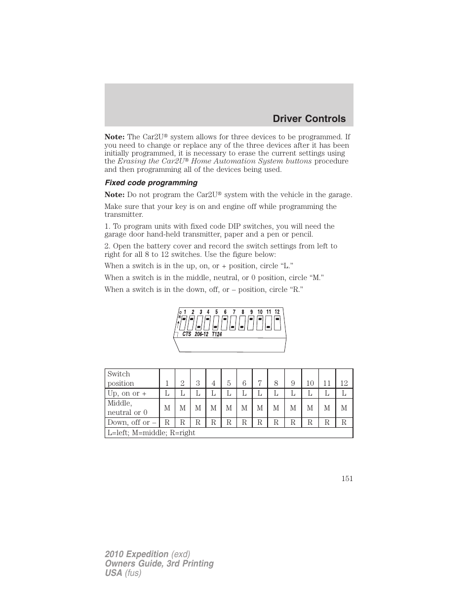 Fixed code programming, Driver controls | FORD 2010 Expedition v.3 User Manual | Page 151 / 422