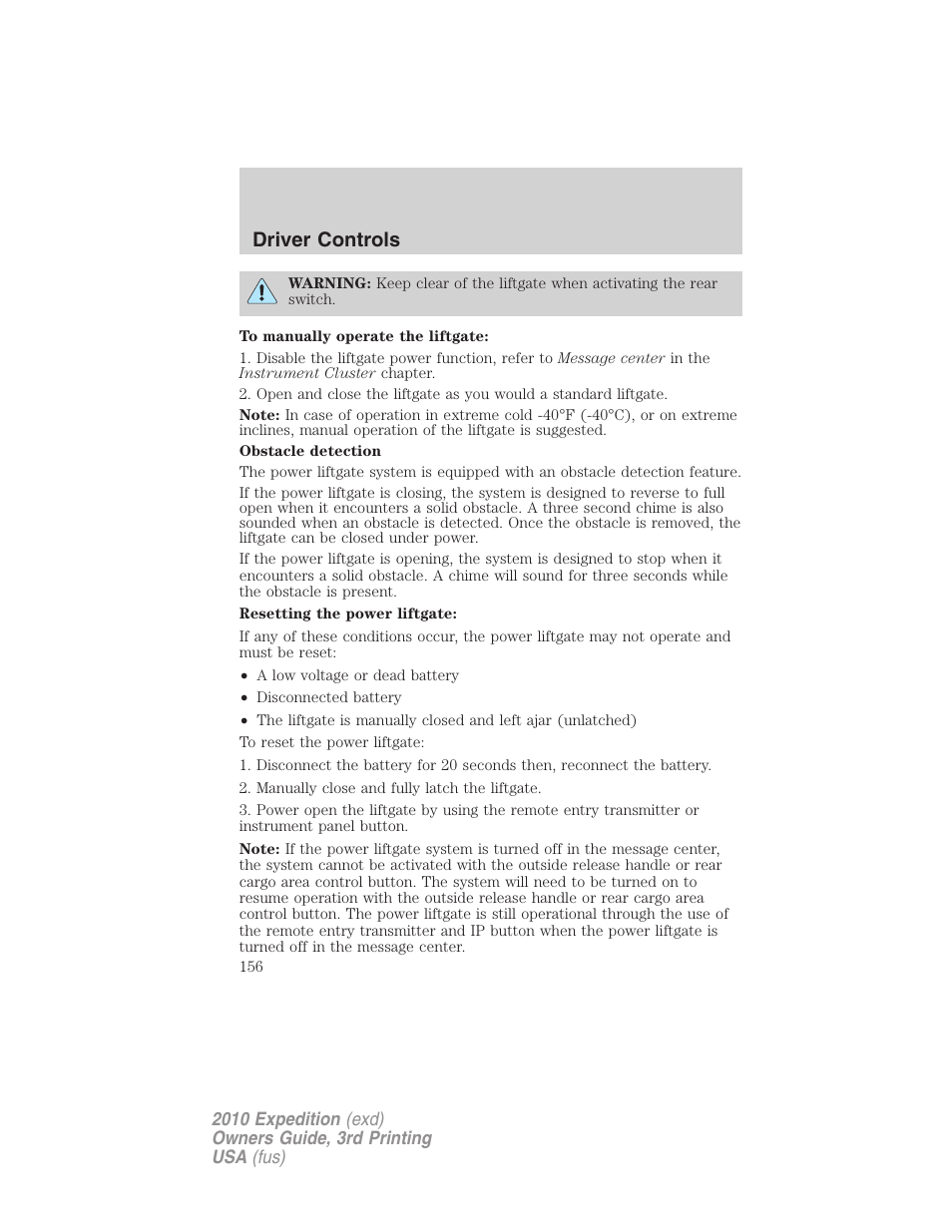 Driver controls | FORD 2010 Expedition v.3 User Manual | Page 156 / 422