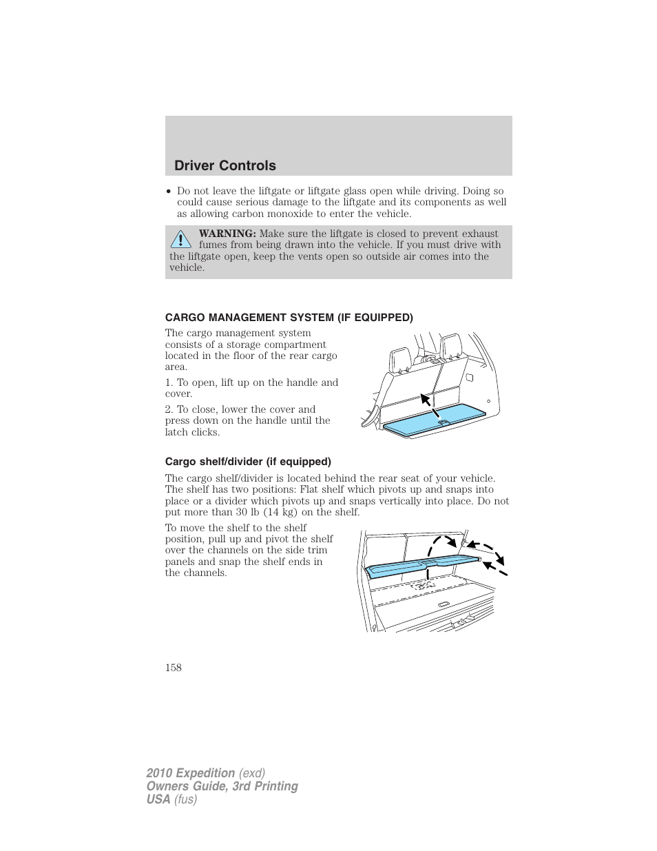 Cargo management system (if equipped), Cargo shelf/divider (if equipped), Driver controls | FORD 2010 Expedition v.3 User Manual | Page 158 / 422