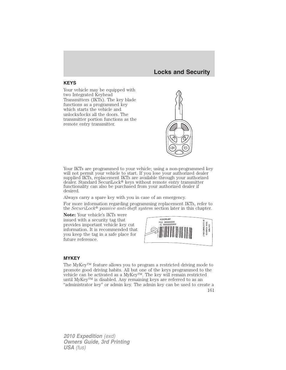 Locks and security, Keys, Mykey | FORD 2010 Expedition v.3 User Manual | Page 161 / 422