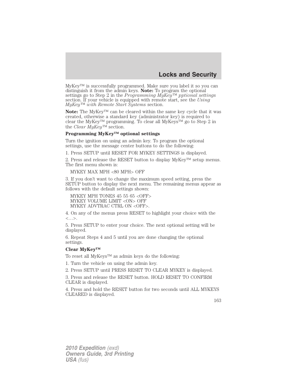 Locks and security | FORD 2010 Expedition v.3 User Manual | Page 163 / 422