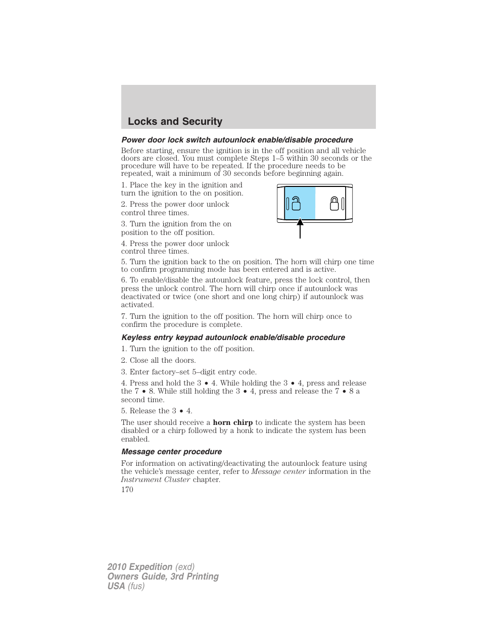 Message center procedure, Locks and security | FORD 2010 Expedition v.3 User Manual | Page 170 / 422