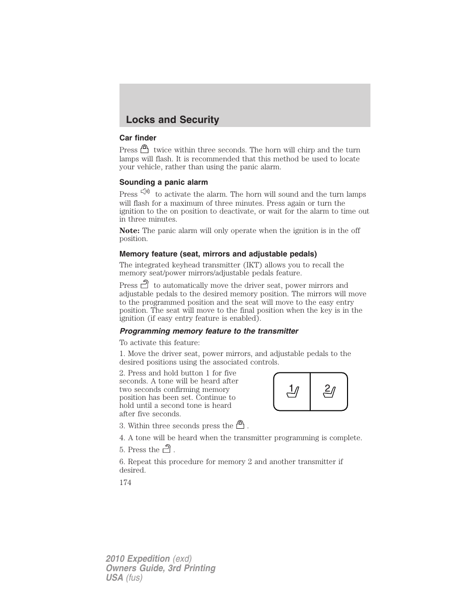 Car finder, Sounding a panic alarm, Programming memory feature to the transmitter | Locks and security | FORD 2010 Expedition v.3 User Manual | Page 174 / 422