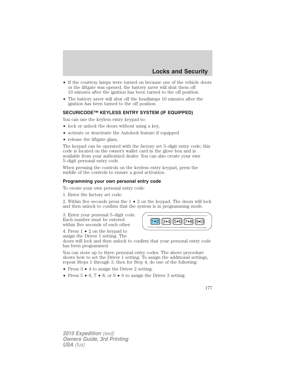 Securicode™ keyless entry system (if equipped), Programming your own personal entry code, Locks and security | FORD 2010 Expedition v.3 User Manual | Page 177 / 422