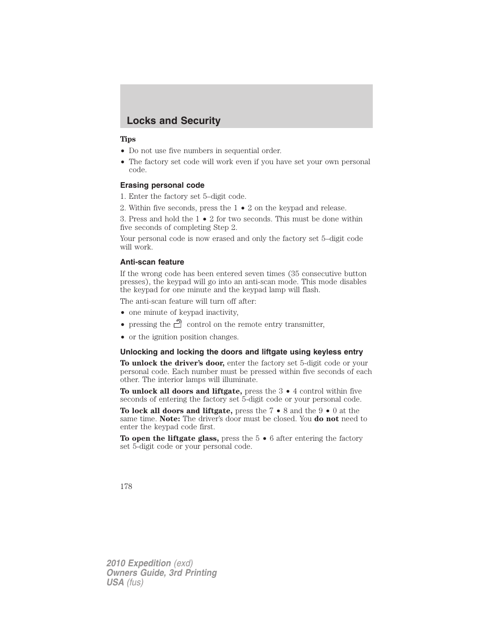 Erasing personal code, Anti-scan feature, Locks and security | FORD 2010 Expedition v.3 User Manual | Page 178 / 422