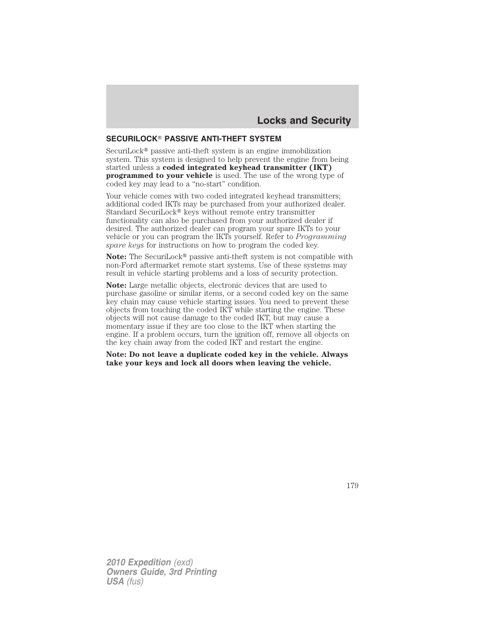 Securilock passive anti-theft system, Anti-theft system, Locks and security | FORD 2010 Expedition v.3 User Manual | Page 179 / 422