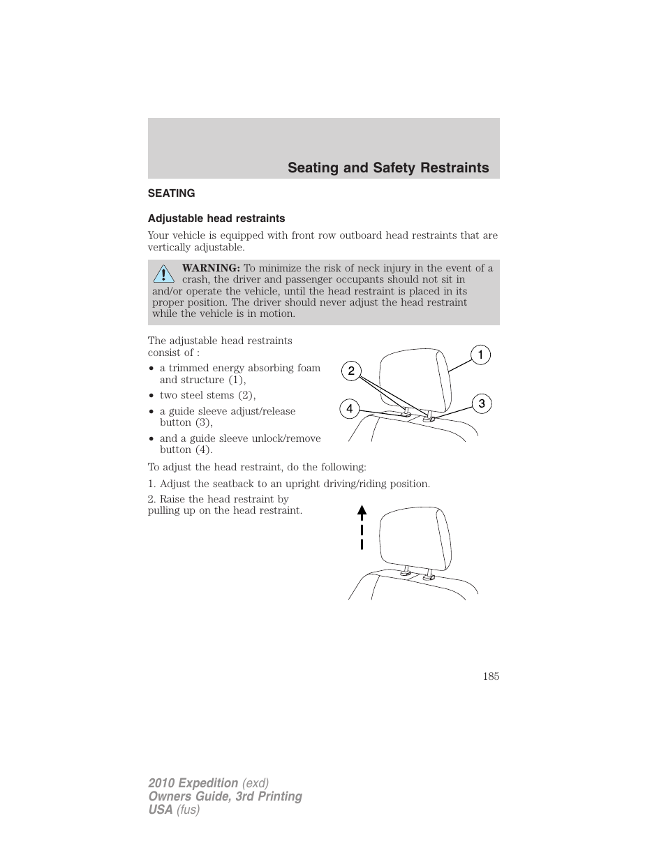 Seating and safety restraints, Seating, Adjustable head restraints | FORD 2010 Expedition v.3 User Manual | Page 185 / 422