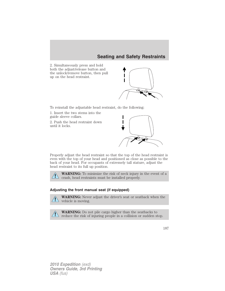 Adjusting the front manual seat (if equipped), Seating and safety restraints | FORD 2010 Expedition v.3 User Manual | Page 187 / 422