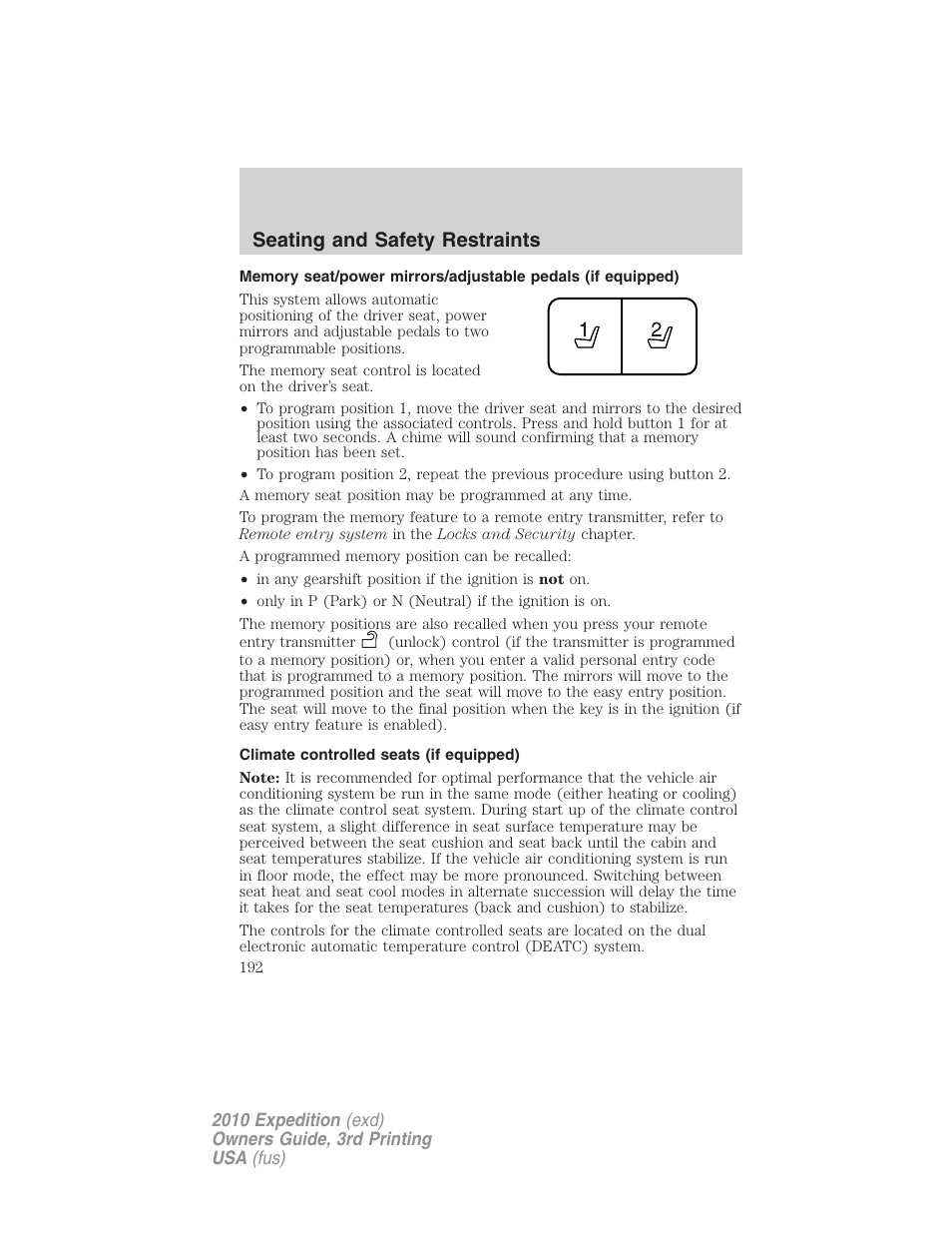 Climate controlled seats (if equipped), Seating and safety restraints | FORD 2010 Expedition v.3 User Manual | Page 192 / 422